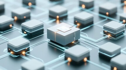 Abstract representation of a futuristic circuit board with glowing elements and interconnected nodes