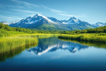 Serene lake reflecting snow-capped mountains under a clear blue sky, a picturesque Alaskan landscape.
