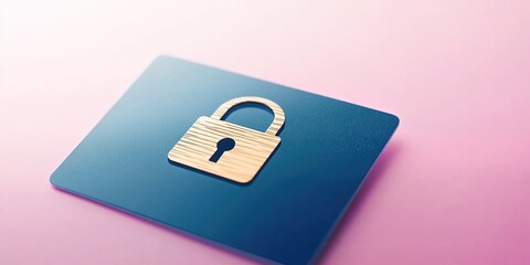 A gold-colored padlock on a blue card with a gradient pink background.