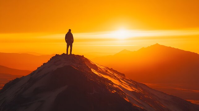 Conquer the Summit: A lone figure, silhouetted against a fiery sunset, stands atop a mountain peak. The vista radiates a sense of accomplishment and contemplation. 