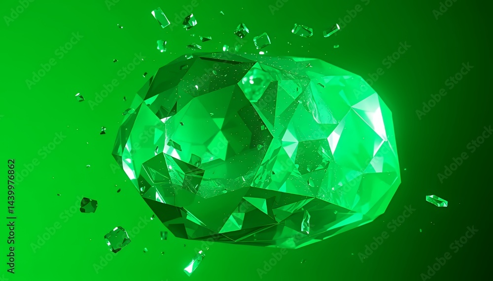 Poster emerald gem exploding into fragments isolated on green screen studio background for melancholic musi