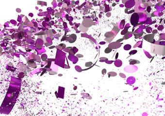 Vibrant purple confetti bursts on white background. Ideal for celebrations, parties, and festive designs.