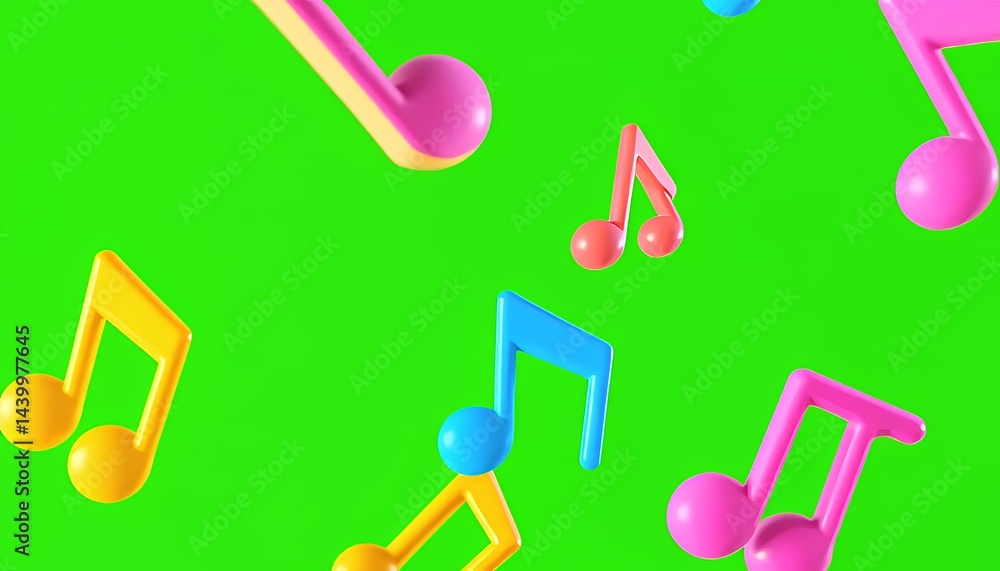 Poster floating colorful music notes on green screen background for musical visualization vfx production el