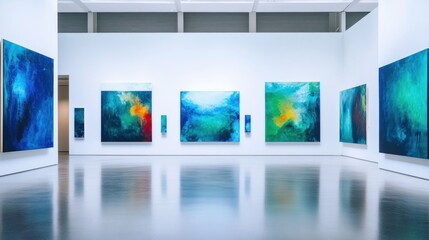 Modern art gallery exhibit, blue paintings
