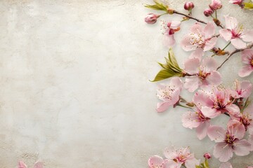 Fototapeta premium Light gray backdrop adorned with delicate pink blossoms.