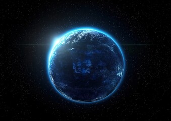 Obraz premium A digitally rendered Earth with a grid pattern and blue lights on edges against a starry background.