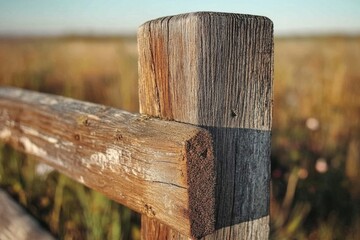 Close-up of weathered wooden fence post, showing texture and age against a blurred natural background.