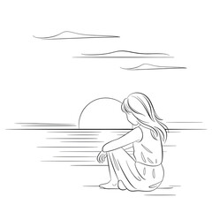 sad girl seat on near by sea coloring page 