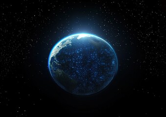 A digitally rendered Earth with a grid pattern and blue lights on edges against a starry background.