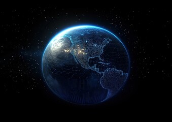 Obraz premium A digitally rendered Earth with a grid pattern and blue lights on edges against a starry background.