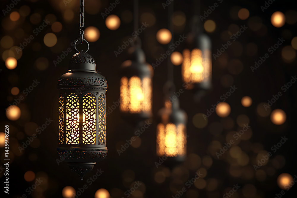 Poster Elegant hanging lanterns illuminating a dark background with soft bokeh lights, creating a warm atmosphere