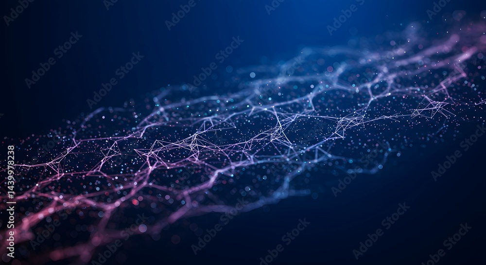 Poster abstract digital network pink and blue particle flow, connecting lines, data stream, futuristic tech