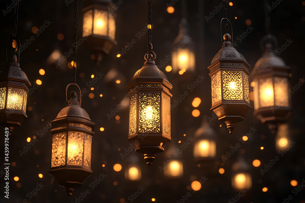 Poster elegant hanging lanterns illuminate a dark space, creating a warm and inviting atmosphere