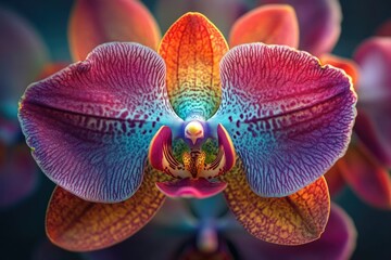 Obraz na płótnie Canvas Vibrant iridescent orchid with multicolored petals, showcasing intricate details and textures.
