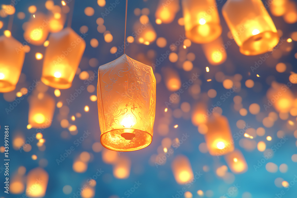 Poster a serene night scene with glowing lanterns floating in the sky, creating a magical atmosphere