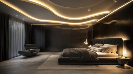 Modern bedroom, night lighting, city view, luxury design, interior