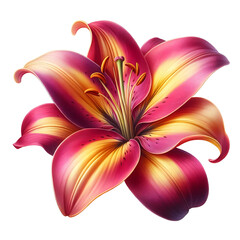 Vibrant pink and yellow lily flower isolated on white background with detailed realistic petals