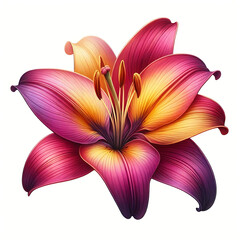 Vibrant pink and yellow lily flower isolated on white background with detailed realistic petals