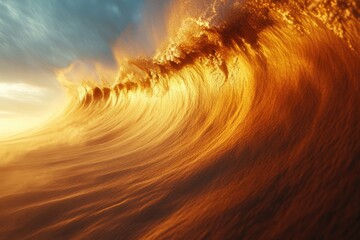 A majestic golden wave crests, bathed in the warm glow of sunset, a breathtaking spectacle of nature's power.