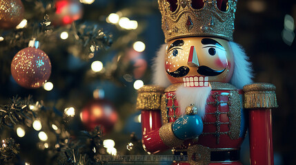 Christmas nutcracker figurine near decorated tree