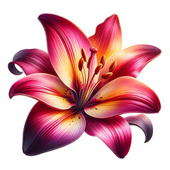 Vibrant pink and yellow lily flower isolated on white background with detailed realistic petals