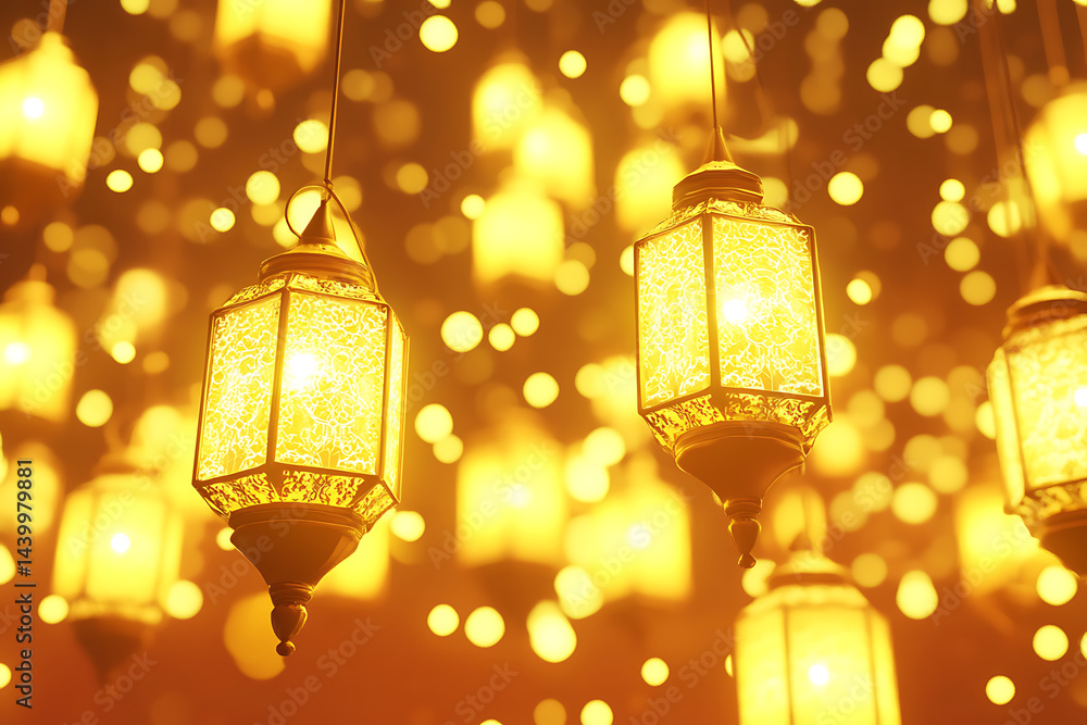 Poster glowing lanterns illuminate a festive atmosphere with soft bokeh lights in the background