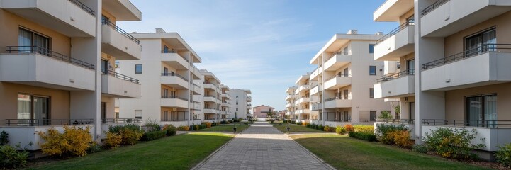 Modern apartment buildings lining a paved walkway.
