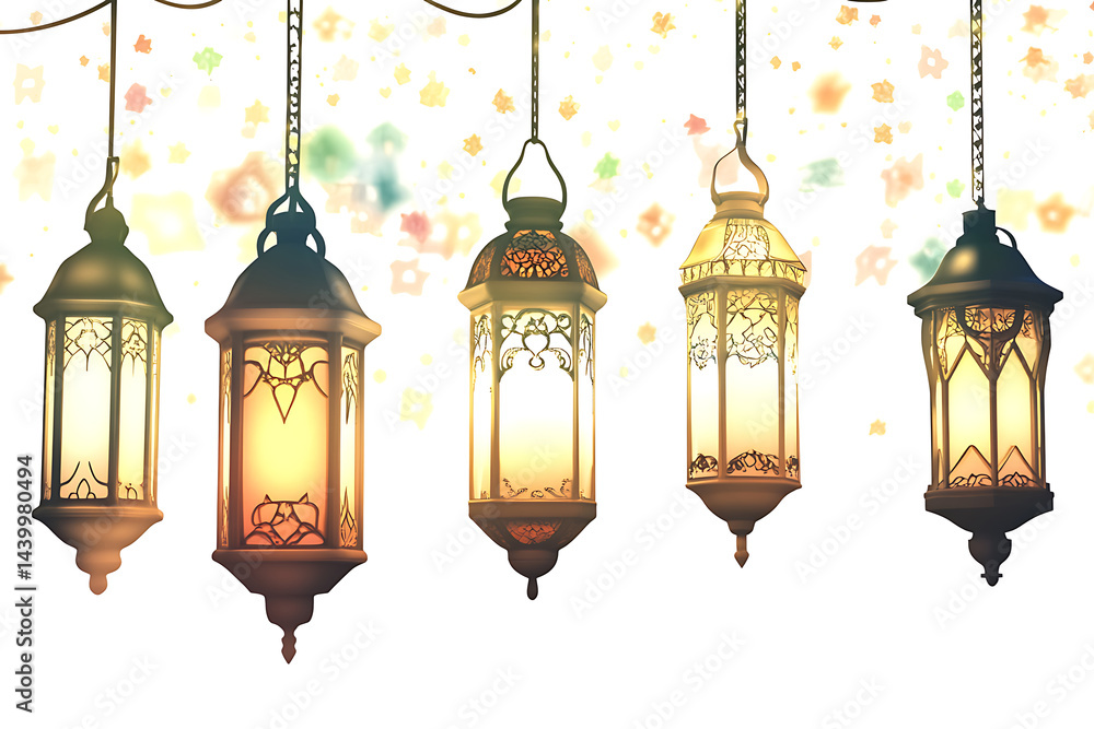 Poster five ornate lanterns hanging against a colorful background with floral patterns, creating a warm amb
