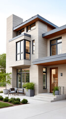 Modern two-story house with large windows, minimalist design, and landscaped front yard.