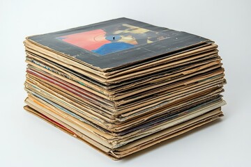 A large stack of vintage vinyl records, showing signs of age and wear,  stacked neatly.