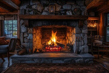 Cozy stone fireplace with a roaring fire, warm lighting, and rustic wooden accents.