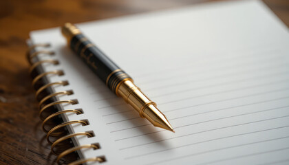 Elegant fountain pen resting on a blank spiral notebook with empty pages, ideal for writing and note-taking in a classic setting