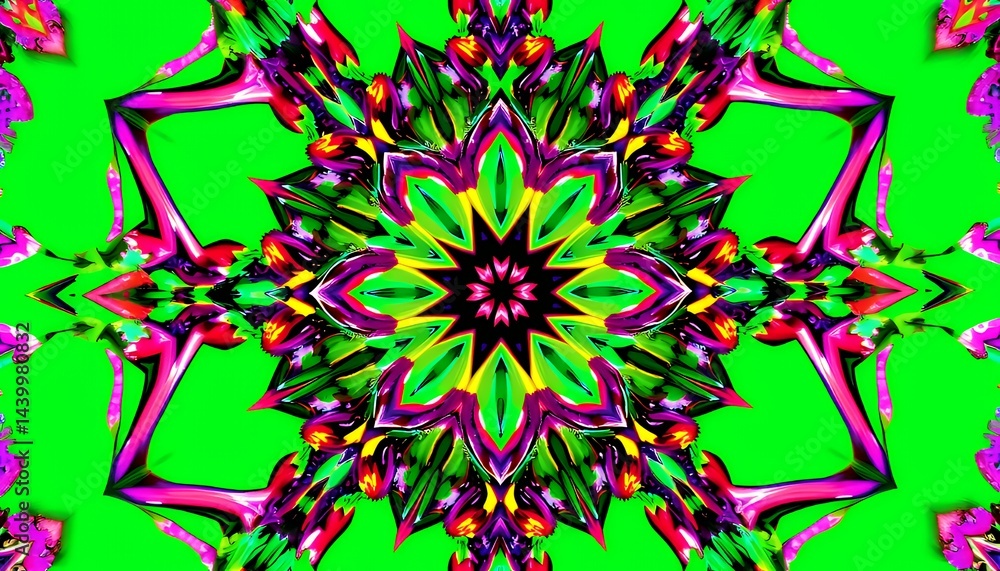 Poster kaleidoscopic fantasy element isolated on green screen background featuring symmetrical geometric pa