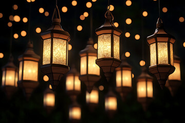 Fototapeta premium Decorative lanterns hanging against a dark backdrop with glowing lights creating a festive ambiance