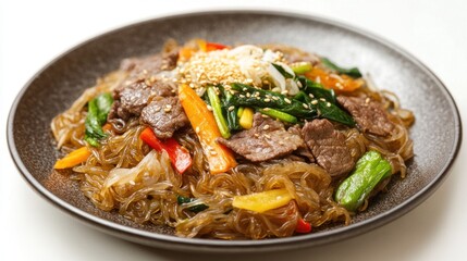 Fototapeta premium Japchae noodles, beef, vegetables, studio shot, food blog
