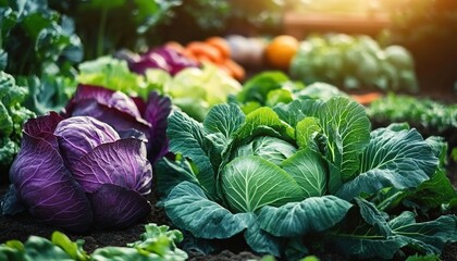 Obraz premium A vibrant vegetable garden with purple and green cabbages, carrots, and leafy greens in sunlight.
