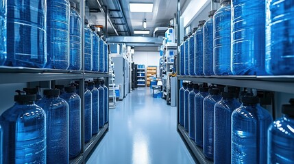 A modern water purification facility showcasing rows of large blue water bottles in a clean environment