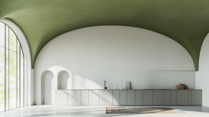 Fototapeta premium Modern kitchen, arched windows, green ceiling, sunlight, empty