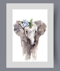 Small baby from tropical savannah, with spring flowers on head on poster. Watercolor artwork. Wall art with baby elephant with big ears and long trunk, in frame with decor for print