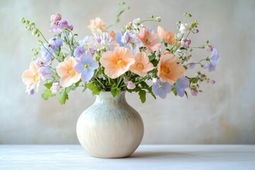 A delicate bouquet of pastel peach and lavender flowers in a ceramic vase, a serene spring scene.