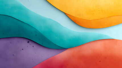 Obraz premium Abstract colorful layered paper waves in orange, teal, purple, and blue, creating a vibrant and artistic background.