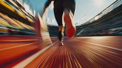 Fototapeta premium Runner sprints stadium track, blurred background