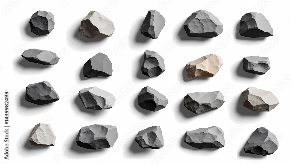 Poster a collection of diverse stones and rocks, each with a unique texture and shape