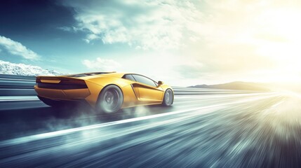 Yellow sports car speeding, mountain road