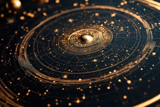 A celestial map rendered in gold on a dark background, depicting a planetary system with concentric circles and stars.