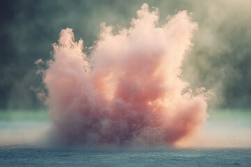 Fototapeta premium A pink cloud of dust explodes on the ground, creating a dramatic and ethereal scene.