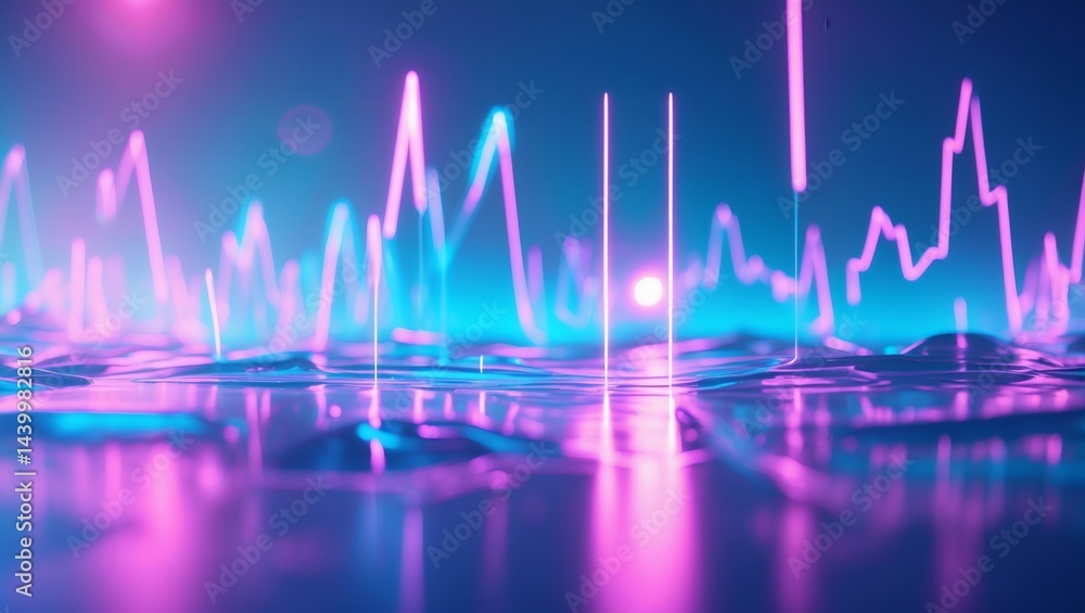 Poster abstract data visualization of a waveform displaying vibrant blue and pink colors. The image is an artistic representation of data or sound waves, conveying a sense of energy and information 