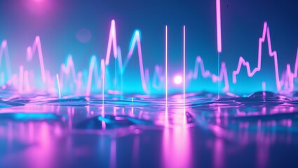 abstract data visualization of a waveform displaying vibrant blue and pink colors. The image is an artistic representation of data or sound waves, conveying a sense of energy and information 