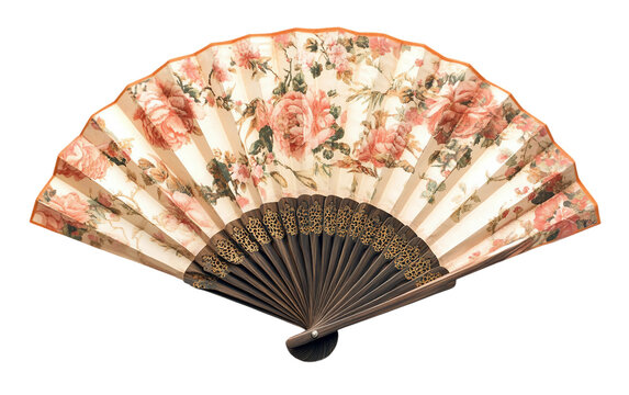 Elegant Paper Hand Fan Decorated with Floral Designs Isolated on transparent background.