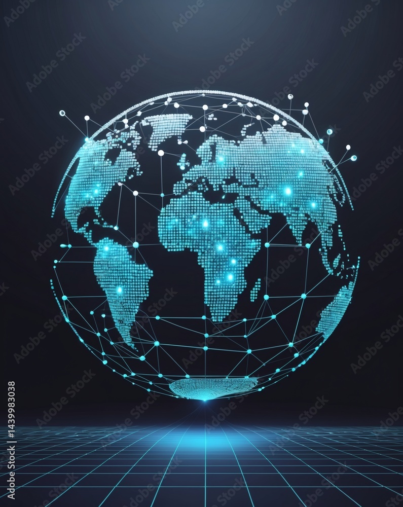 Poster a vibrant depiction of a digital globe with interconnected nodes, showcasing global communication an